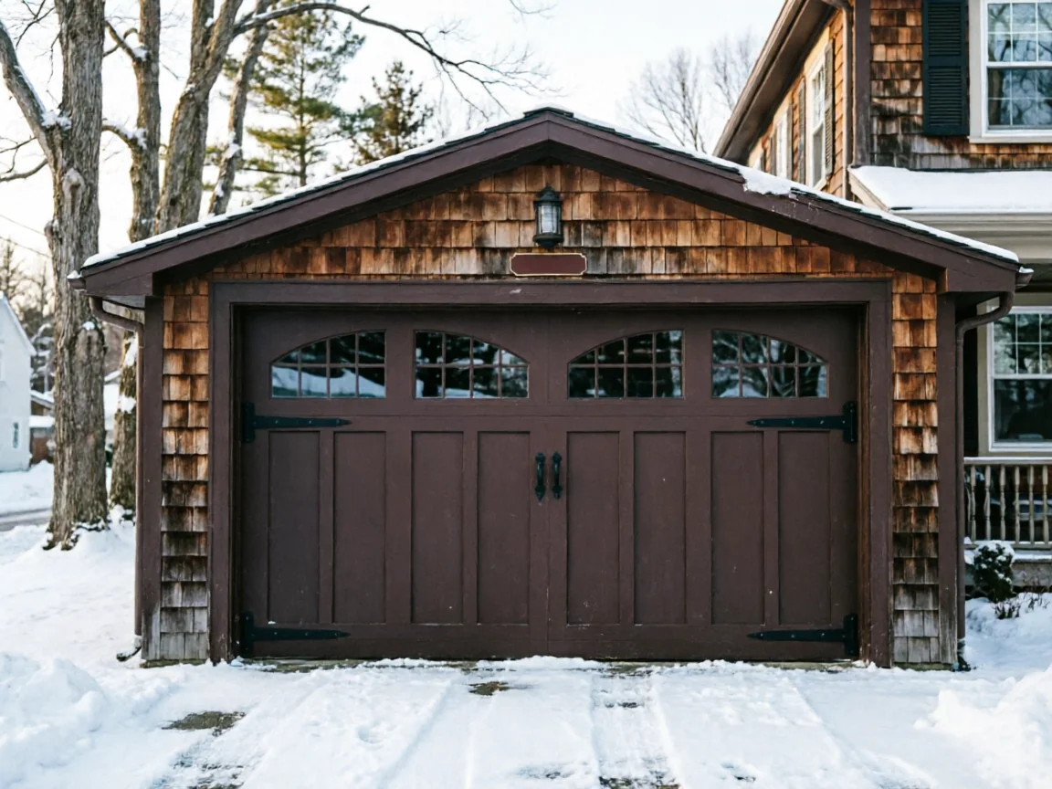 The brown garage door with windows is surrounded by snow.