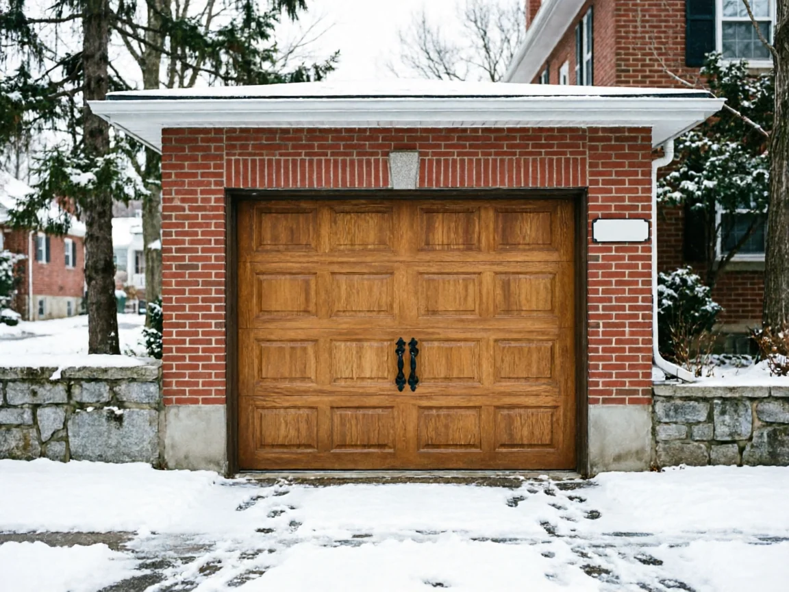 The wooden garage door is set in a red brick wall with snow on the ground.